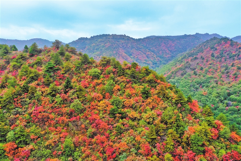 Mountains draped in fiery autumn colors
