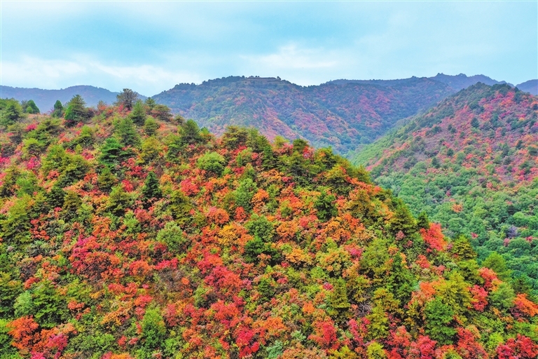 Mountains draped in fiery autumn colors